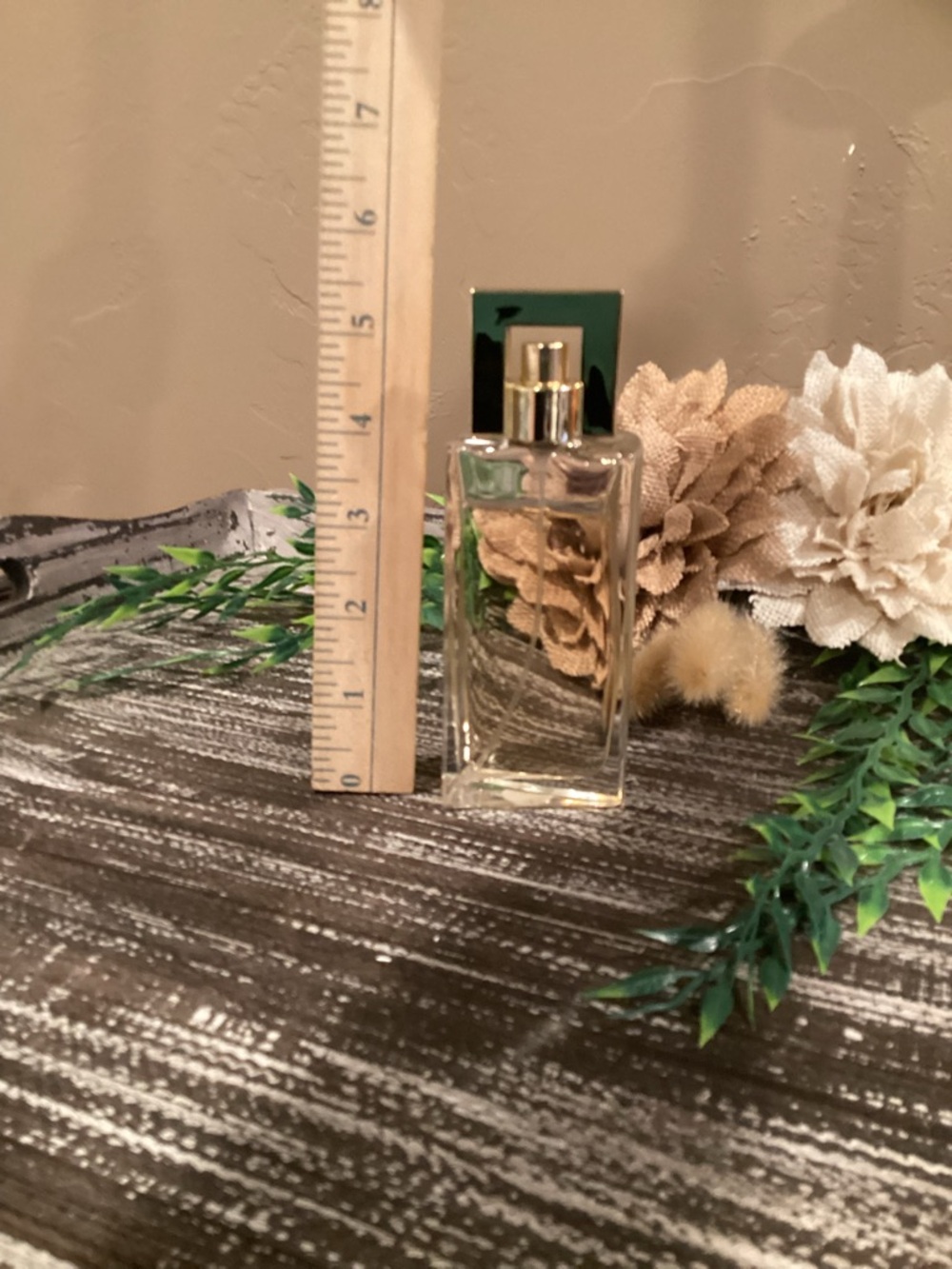 Avon Clear Glass Perfume Bottle with Gold Atomizer and Cream Faux Flowers